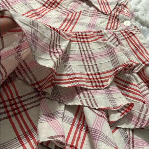 Veronica Beard Kaia White and Pink Plaid Asymmetrical Tiered Ruffle Mini Skirt. - Picture 12 of 13